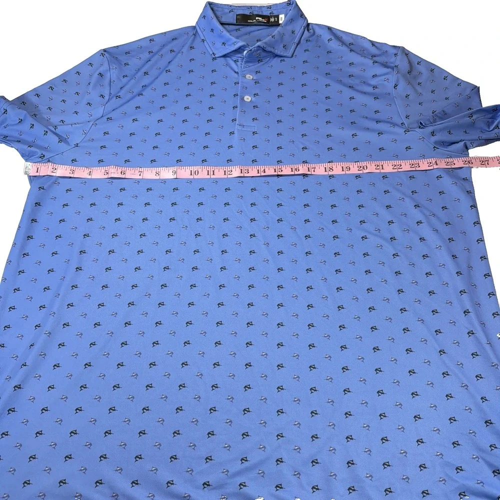 RLX Ralph Lauren XL Polo Shirt Golf Swordfish All Over Print‎ Blue Water Wicking - Picture 4 of 6